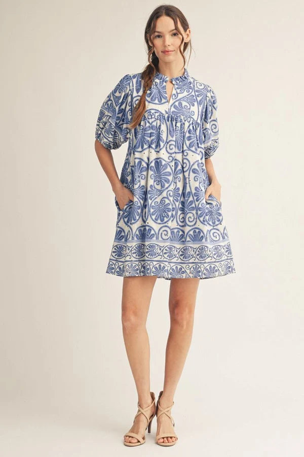Boho Floral Print Short Puff Sleeve Babydoll Dress
