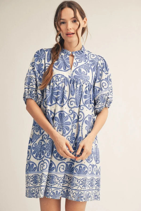 Boho Floral Print Short Puff Sleeve Babydoll Dress
