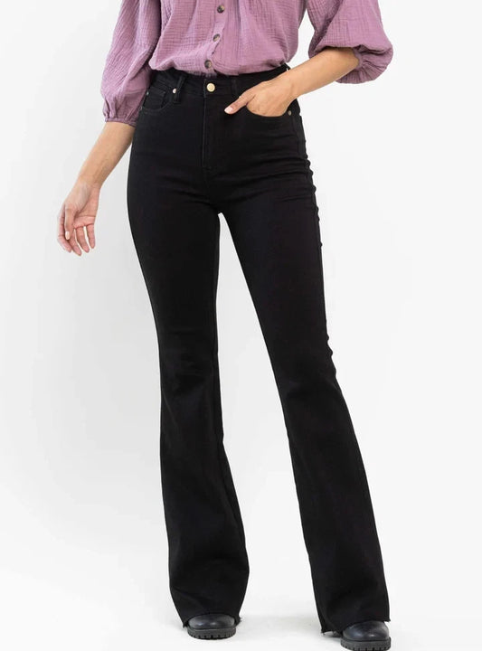 Plus High Waist Tummy Control Flare Jeans | Black